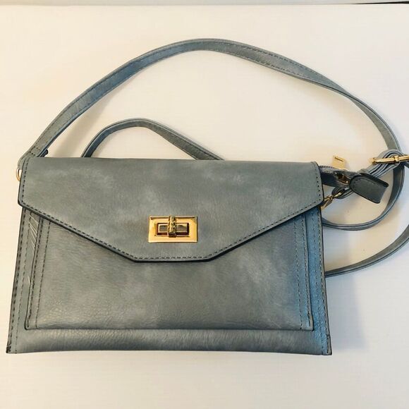 Clutch Cross-Body Bag/Purse Pale/Baby Blue Gold Tone Vegan Prep Core Classy - Picture 1 of 9